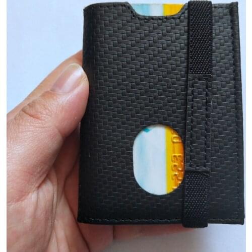 Trifold Carbon Fiber Leather Slim Card Wallet with Elastic Band Zipper Coin Purse Men Bank ID Card Holder RFID Credit Card Case