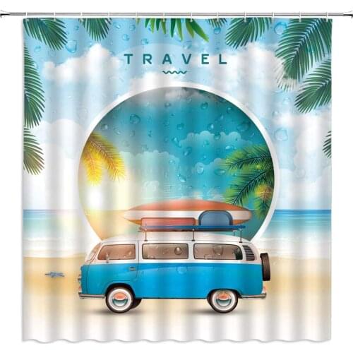 Beach Scenery Shower Curtains Cartoon Car Surfboard Summer Ocean Vacation Travel Landscape Bathroom Decor Cloth Hanging Curtain