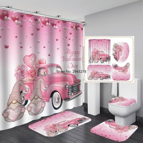 3D Valentines Day Red Truck Print Bath Curtain Waterproof Shower Curtains Polyester Washable Home Decoration Curtain with Hook