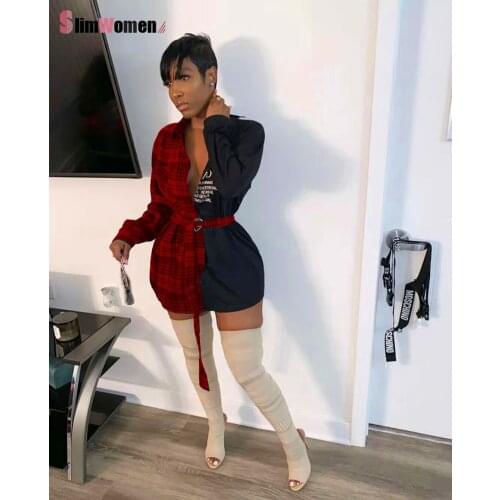 Vintage Plaid Patchwork Long Sleeve Letter Print Shirt Top Women Autumn Long Shirt Mini Dress Woman Dress with Belt Streetwear