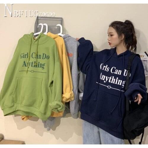 Alphabet Printed Drawstring Hooded Women Sweatshirts Pocket Long Sleeve Casual Female Sweatshirt