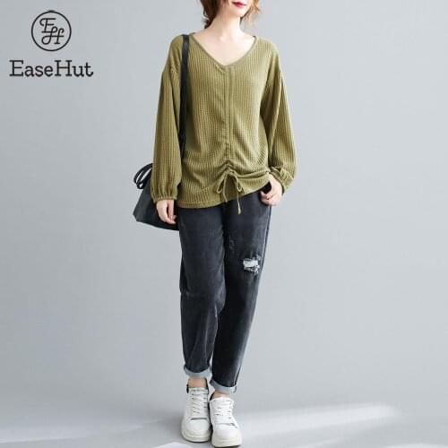 Women Knitted Shirt Drawstring Front V-Neck Lantern Sleeve Pullover Loose Fit Casual Solid Tops Spring Autumn Tops