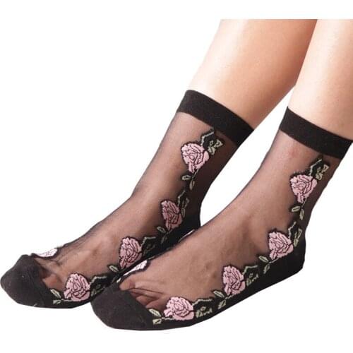 INDJXND Women Socks Hosiery Elastic Crystal Glass Silk Ultrathin Lace Flower Embroidery 1 Pair Summer Transparent Ankle Length
