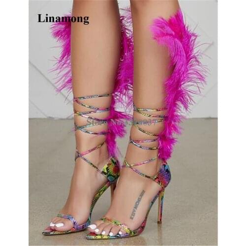 Women Charming Snake Leather Fur Insert Stiletto Heel Gladiator Sandals Strap Cross Feather High Heel Sandals Dress Heels Shoes