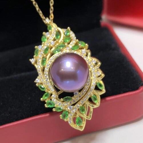 D114 Fine Jewelry 925 Sterling Silver Natural Fresh Water Purple Pearl 12-13mm Pendants Necklaces for Women FIne Pearls Pendants