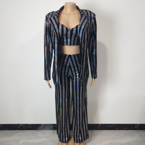 Women Striped Suit Shining Sequins Bra Jacket Pants 3-Pieces Set Female Birthday Celebration Outfit Singer Concert Stage Clothes