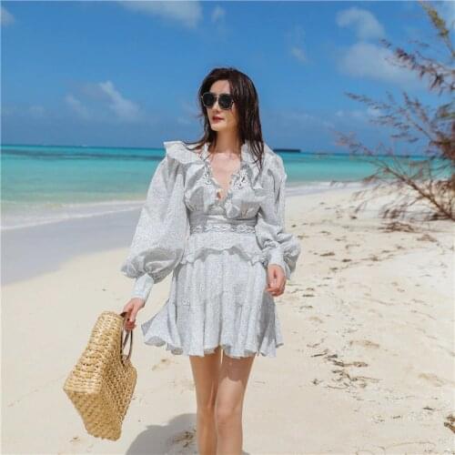 2021 Summer Autumn Long Sleeve Women V-neck Sexy Ruffled A-line Beach Vocation Mini Dress