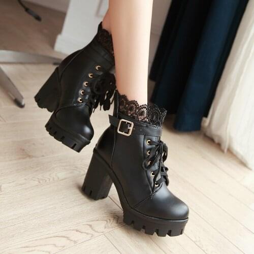Winter Season Leather Martin Boots Women Lace Ankle Boots High Heel Platforms Sexy Buckle women boots