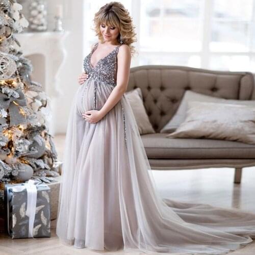 2021 Sexy Spaghetti Straps Pregnant Evening Dresses Tulle Sequins V Neck Prom Party Gowns Party Dress Custom Made