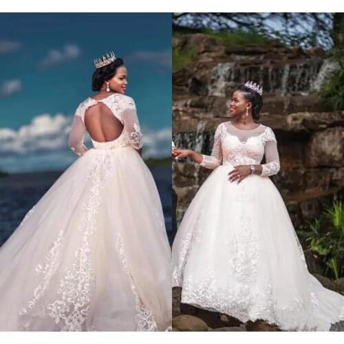 African Ball Gown Wedding Dresses Lace Appliques Long Sleeve Cheap Sexy ball gown Plus Size Wedding Bridal Dress