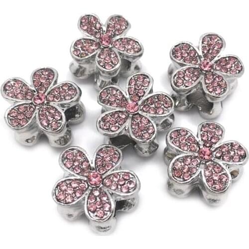 Free shipping 2017 new 20pcs 14mm pink rhinestone big hole alloy flower shape beads fit European bracelet DIY