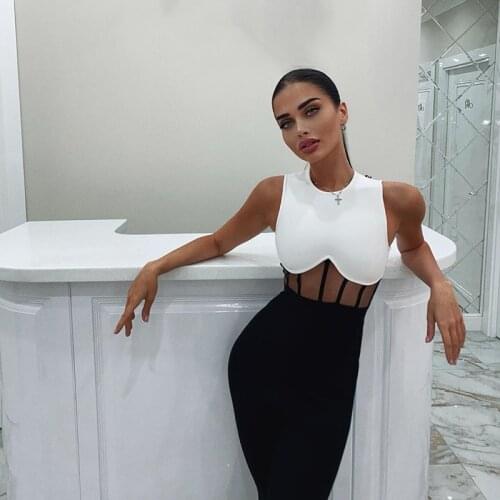 Free shipping high quality black and white sexy tight round neck or mesh casual rayon bandage jumpsuit