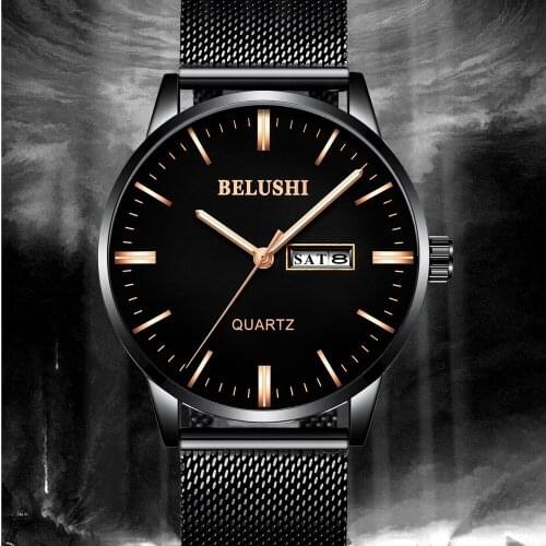 BELUSHI Business Man Watch Stainless Steel Mesh Quartz Wirst Watch Simple Dress Dual Calendar Clock Male Hodinky Mens Watches