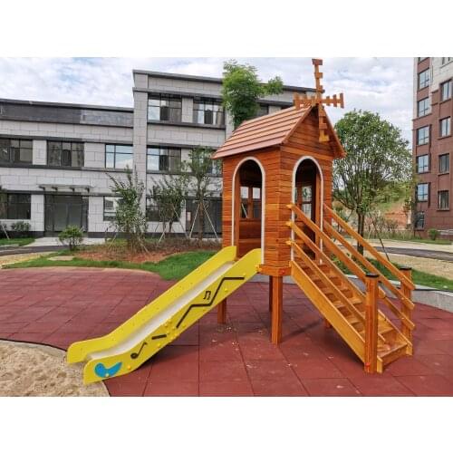Antirot Natural Color Wooden Outdoor Playground With Stainless Steel Slide