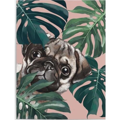 Home Decor Pug HD Prints Pictures Wall Art Animal Modular Painting Botanical Canvas Monstera Leaf Poster For Bedside Background