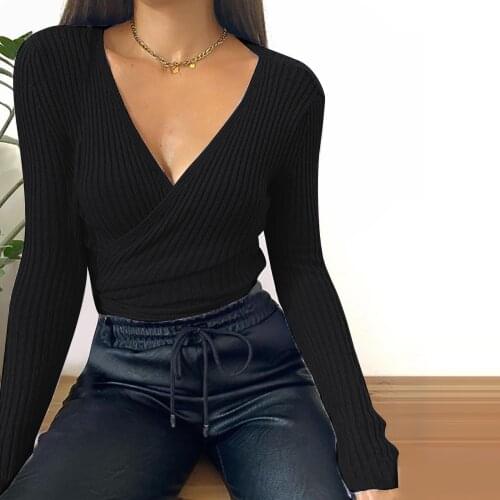 Classic Dtrappy Deep V Slim Tops Sexy Casual Women Winter Crop Tops Long Sleeve Ladies Bodycon Bandage Lace Up Pullovers