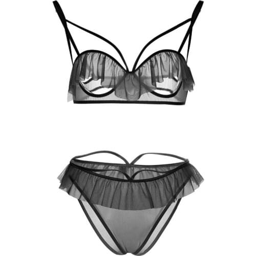 Ruffle Open Bra Set Mujer Conjunto Sexy Lingerie Set Transparent Half Cup Bra And Panties Straps Women Erotic Underwer RS80405
