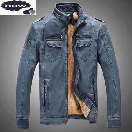 New Fleece Jacket Men Stand Collar Solid Pu Leather Punk Outerwear Motor Biker Overcoats Large Size Male Jackets