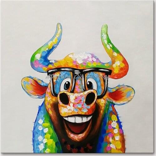 Mintura Hand Painted Oil Paintings on Canvas A Bull in Glasses Wall Picture For Living Room Home Decor Modern Wall Art No Framed