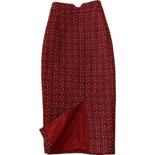 Autumn and Winter Womens Mid-length Plaid Woolen Skirt 2021 New High Waist Bag Hip Skirt Winter Tweed High Quality