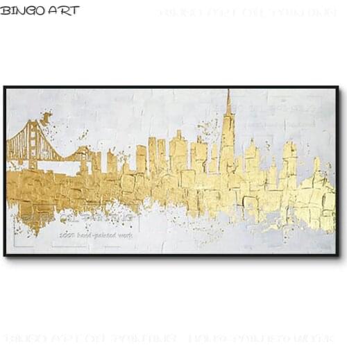 Excellent Artist Hand-painted High Quality Abstract Modern City Oil Painting on Canvas Golden Foil New York City Oil Painting