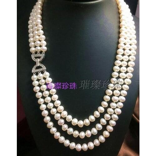 Popular 3row 7-8mm south white pearl necklace 18-20"