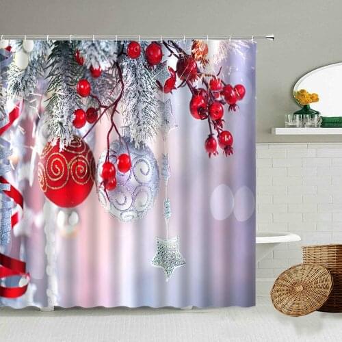 Merry Christmas Shower Curtain Xmas Tree Red Berries Bathroom Background Wall Decor New Year Party Holiday Gift Screen With Hook