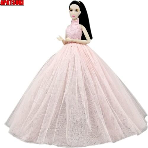 Pink Turtleneck Wedding Dress For Barbie Doll Outfits Princess Evening Party Gown Long Dresses Doll Clothes & Veil 1/6