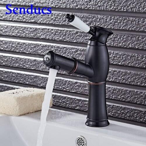 Senducs Black Pull Out Bathroom Mixer Tap Single Handle Brass Basin Sink Faucet European Hot Cold Black Bathroom Faucet