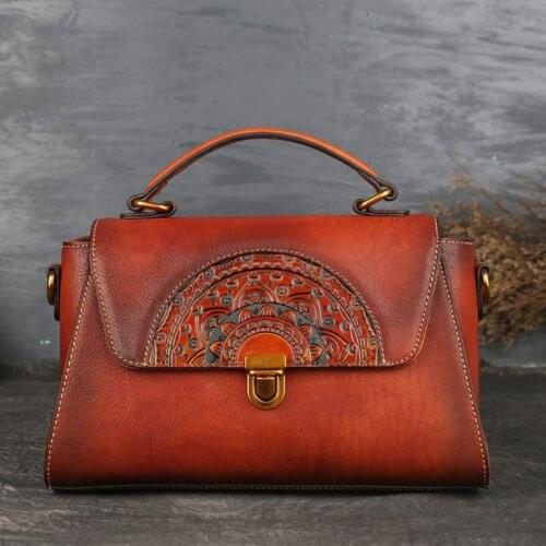 Vintage High Quality Genuine Leather Tote Bag Handmade Embossing Women Handbags 2021 Summer Lady Cowhide Shoulder Crossbody Bags
