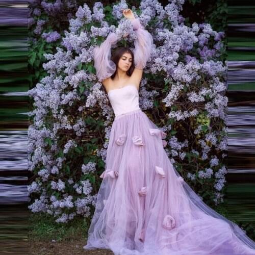 Pretty Lavender A-Line Long Tulle Skirts Women Girls Lastic Waist 3D Flowers Casual Skirt With Train Come With Tulle Sleeves