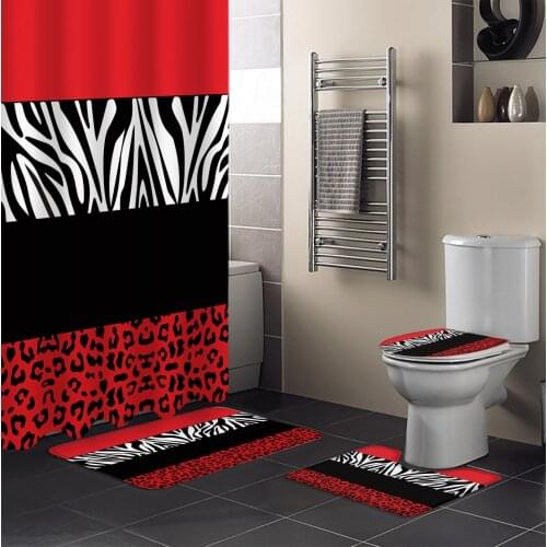 Red Zebra Leopard Print Shower Curtain Set Toilet Seat Cover Set Bathroom Decor Accessories Mat Bathroom Curtain