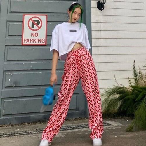2021 New Womens Love Print Elastic Waist Loose Casual Wide Leg Pants Female Streewear Fashion Trousers