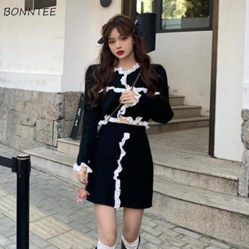 Sets Women Vintage Long Sleeve Ruffles Mini Slim Ins Hot Girls Streetwear Cozy College Female Sexy Fashion Outfits Two Pieces