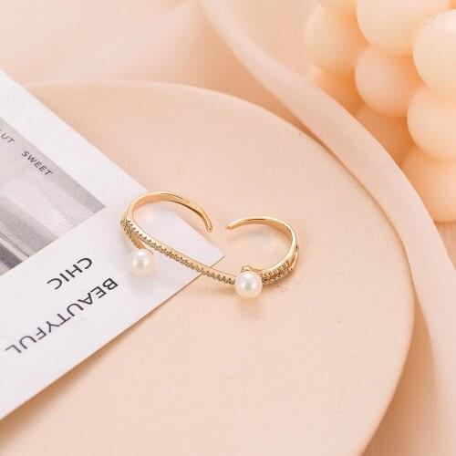 Womens Fashion Ring Simple Zircon Imitation Natural Pearl Double Fingers Open Design Accessory