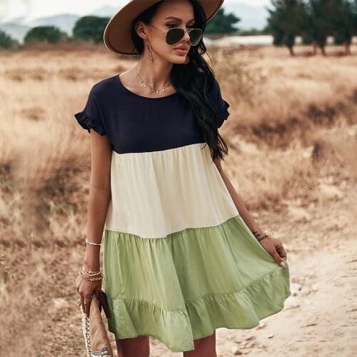 2021 New Patchwork Ruffles Summer Dress Women Casual O Neck Butterfly Sleeve Mini Dress For Woman Sweet Beach Dresses vestidos