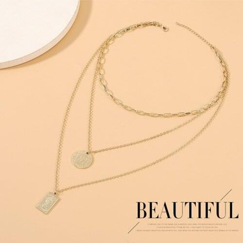 New Fashion Style Roman Head Multi-layer Necklace Womens Creative Personality Fashion Geometric Pendant Clavicle Chain