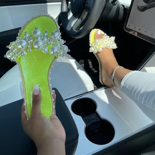 2021 Summer Sandals Flat Pearl Handmade Womens Shoes Outdoor Open Toe Slippers Solid Color Plus Size 43