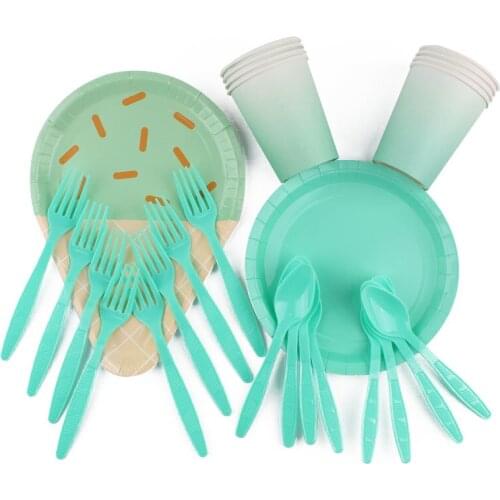 40Pcs Green Ice Cream Party Decoration Tableware Decoracion Niño Plate Cup Paper Towel Straw Tablecloth Party Birthday Discount