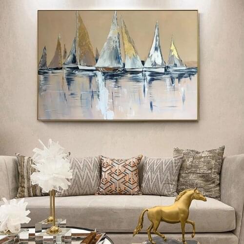 Abstract Gold Color Sailing Canvas Paintings on the Wall Art Posters and Prints Seascape Modern Art Pictures For Living Room
