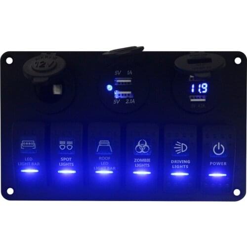 BANDC Aluminum Marine Car RV Yacht 6 Gang Laser Etched Rocker Switch Panel +12V Ciggy Socket + 4 ports USB Charger +Voltmeter