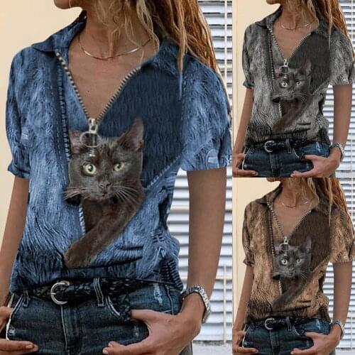 Womens Blouses Ladies Summer Fashion Cat Print sexy Blouses Casual Short-sleeved Shirt V-neck Comfortable Zipper Top Female