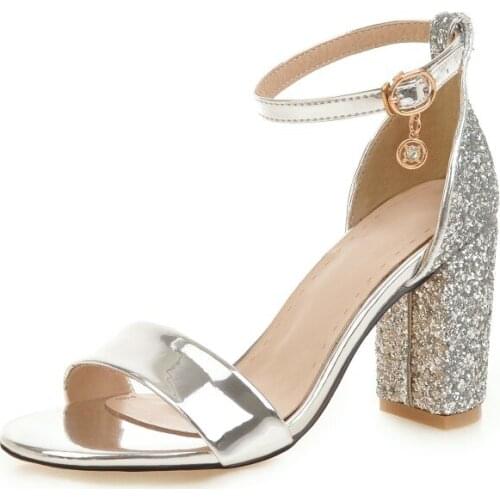 Big Size 9 10 11 12 13 14 15 16 17 high heels sandals women shoes woman summer ladies Button sequined sandals with thick heels
