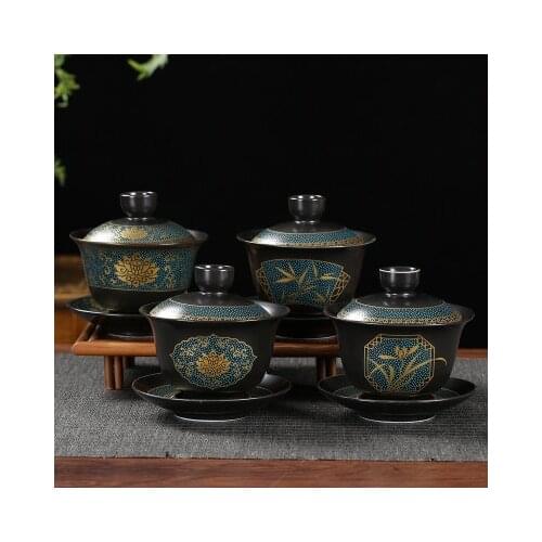Black Glazed Ceramic High White Porcelain Sancai Cover Bowl Creative Art Flower Tea Bowl Kung Fu Retro Tea Set Gaiwan Teacup