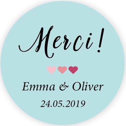 DouxArt 100pcs Personalized Wedding Stickers Merci, 40mm Colorful Hearts Marriage Favors Baptism Communion Invite Labels P002FR