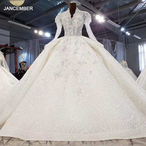HTL1997 Luxurious Long Sleeve Sexy V-Neck Crystal Beading Sequined Wedding Dress 2021 For Woman Ball Gowns