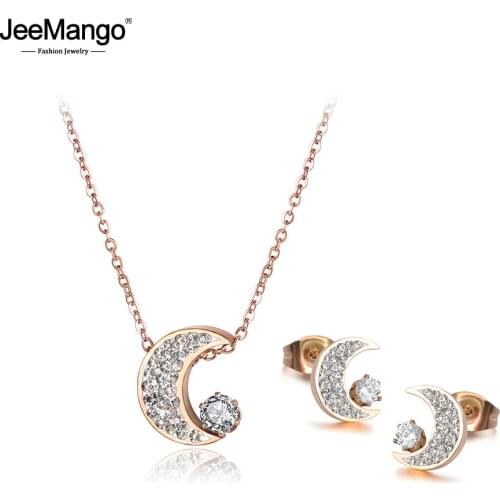 JeeMango Fashion Cubic Zirconia Moon Choker Necklaces Earrings Sets For Women Rhinestone Stainless Steel Female Jewelry JSE013