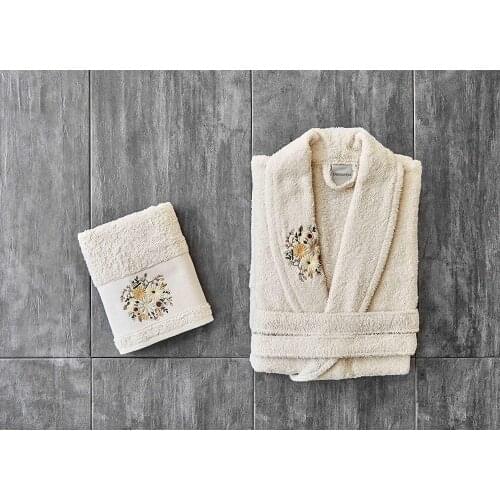 Karaca Home Noreen Daily Beige Embroidered Women Bathrobe Set-1 Piece Bathrobe S/M 1 Piece Head Towel (50x90 cm)