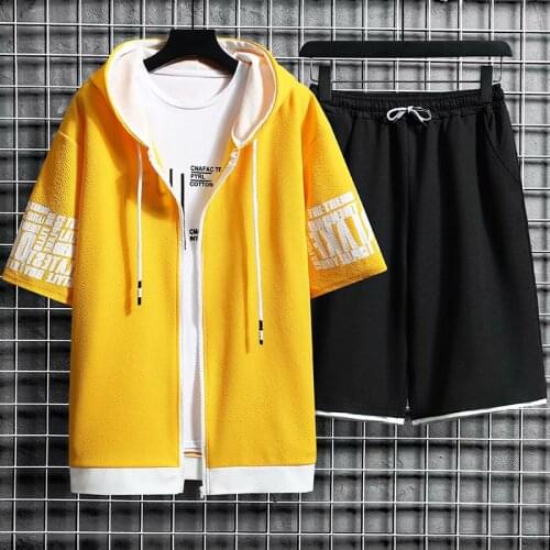 2021 Mens Sets Korean Fashion Tracksuit Men Streetwear Mens Clothing Two Piece Set Summer Casual Hooded Tops+Sport Shorts Suit