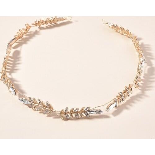 Trendy Bridal Tiara Handmade Gold Color Rhinestone Crystal Leaf Headband Wedding Hair Accessories Princess Tiara Hair Jewellery